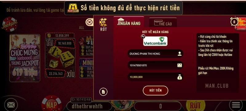 Hướng dẫn Rút tiền ManClub bằng ngân hàng 